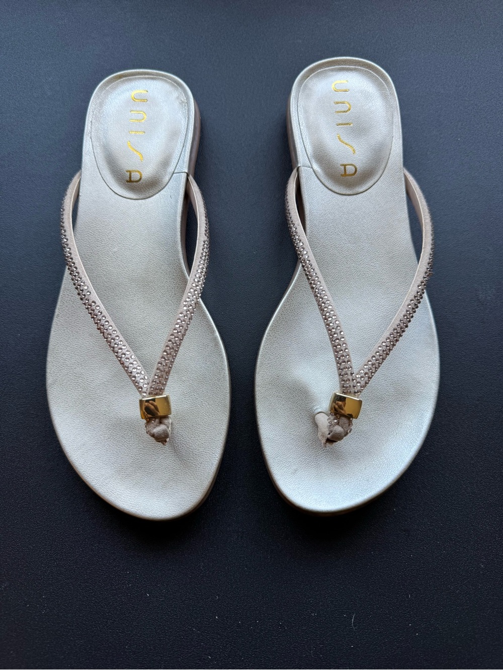 Unisa Nude Rhinestone Thong Sandals with Gold Accent